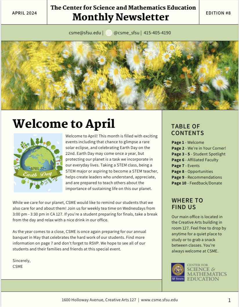 Center for Science and Mathematics Education April Newsletter